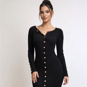 Stretchy Black Long Sleeve Gold Button Dress Size S/M